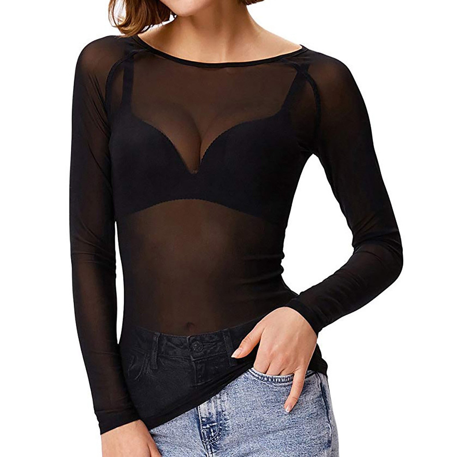Damer Mesh Top Lange Ærmer Gennemsigtig Nylon Spandex 1