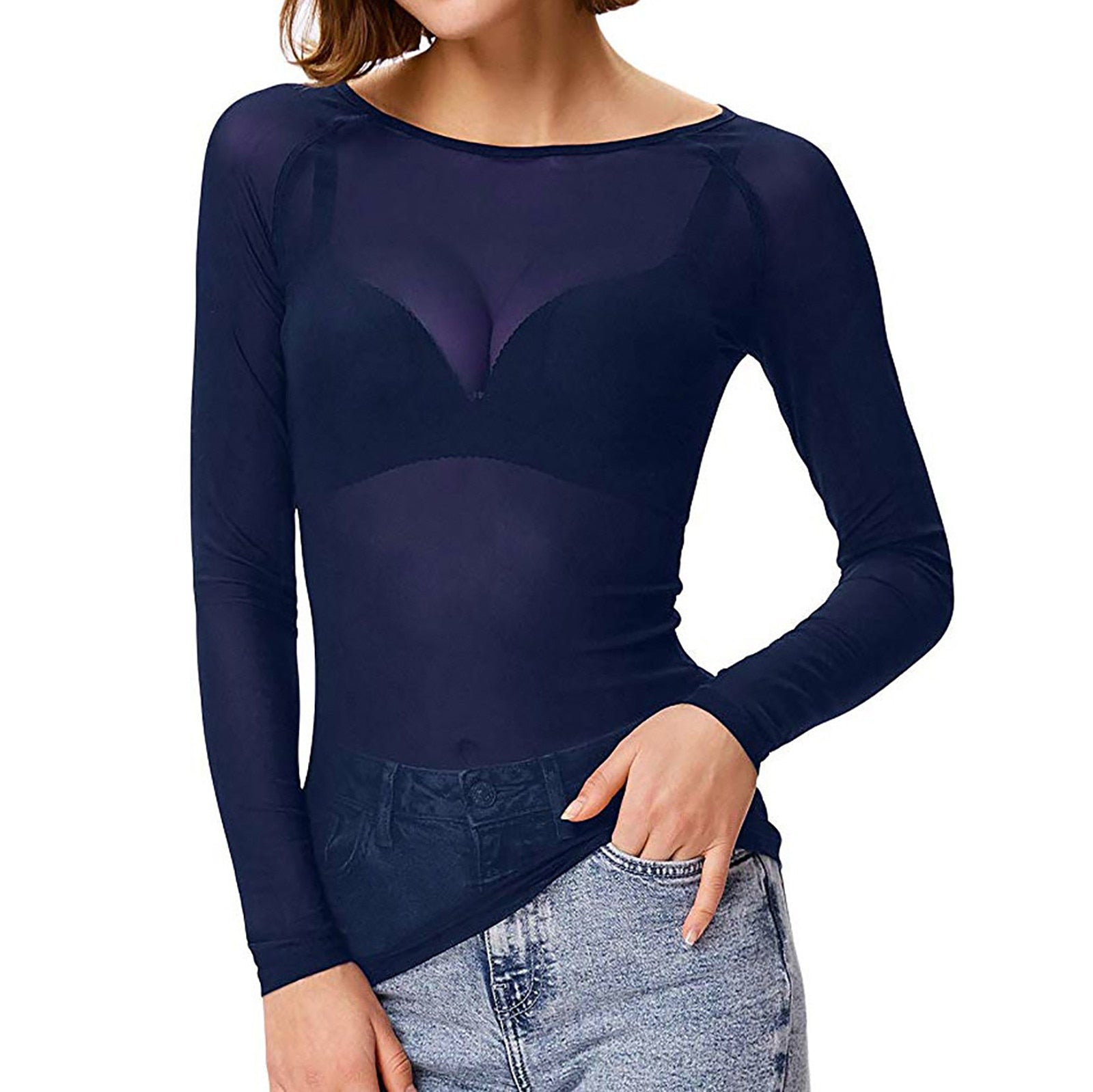 Damer Mesh Top Lange Ærmer Gennemsigtig Nylon Spandex 2