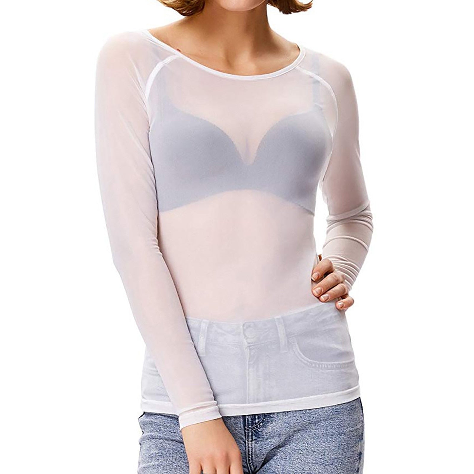 Damer Mesh Top Lange Ærmer Gennemsigtig Nylon Spandex 3
