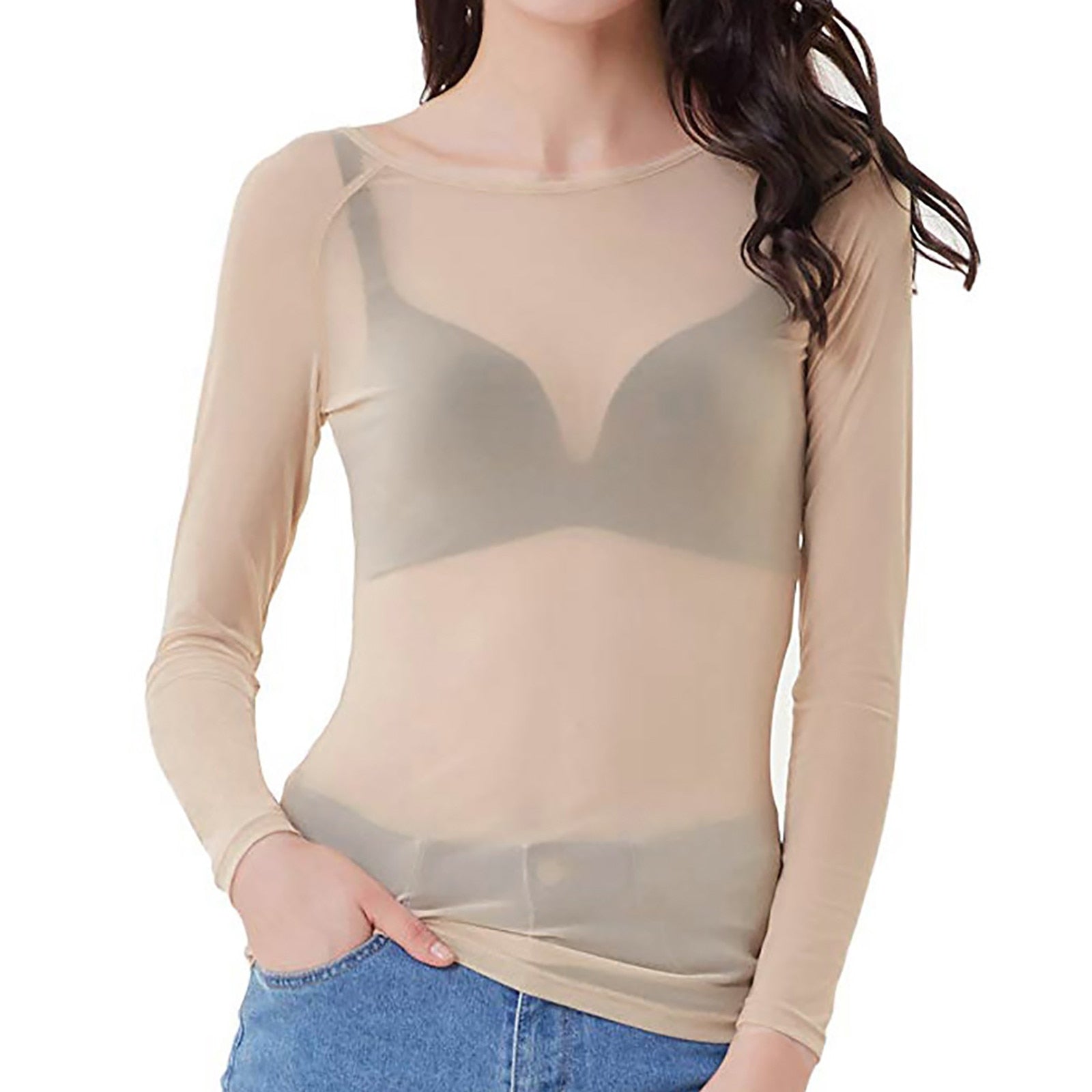 Damer Mesh Top Lange Ærmer Gennemsigtig Nylon Spandex 4