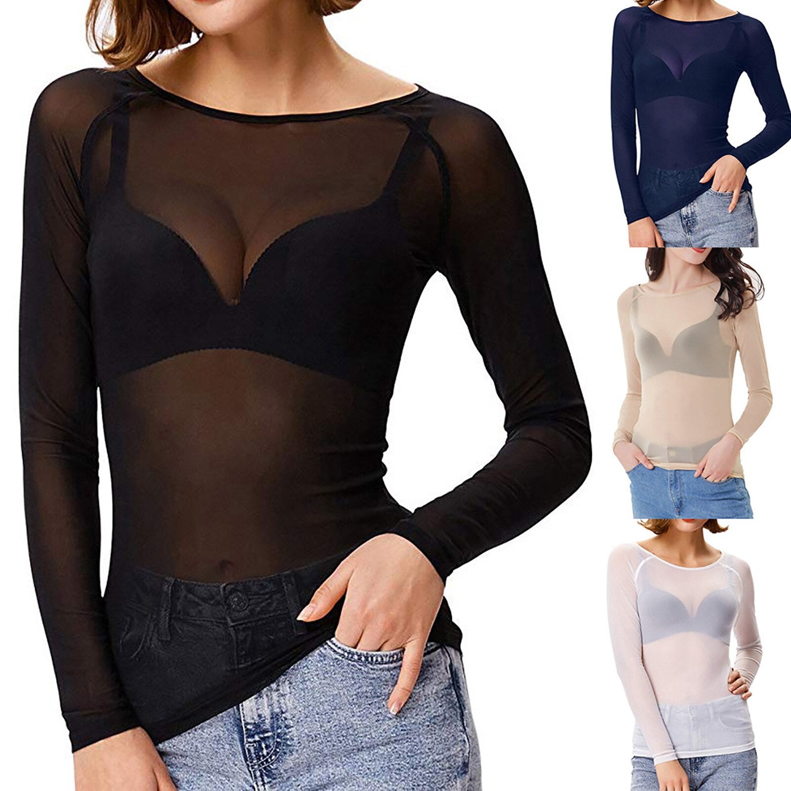 Damer Mesh Top Lange Ærmer Gennemsigtig Nylon Spandex 5