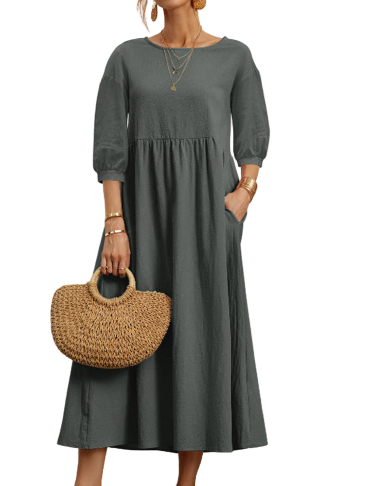 Damer's Midi Kjole Rundhals Løs Åndbart Stof med Laternenærmer 0