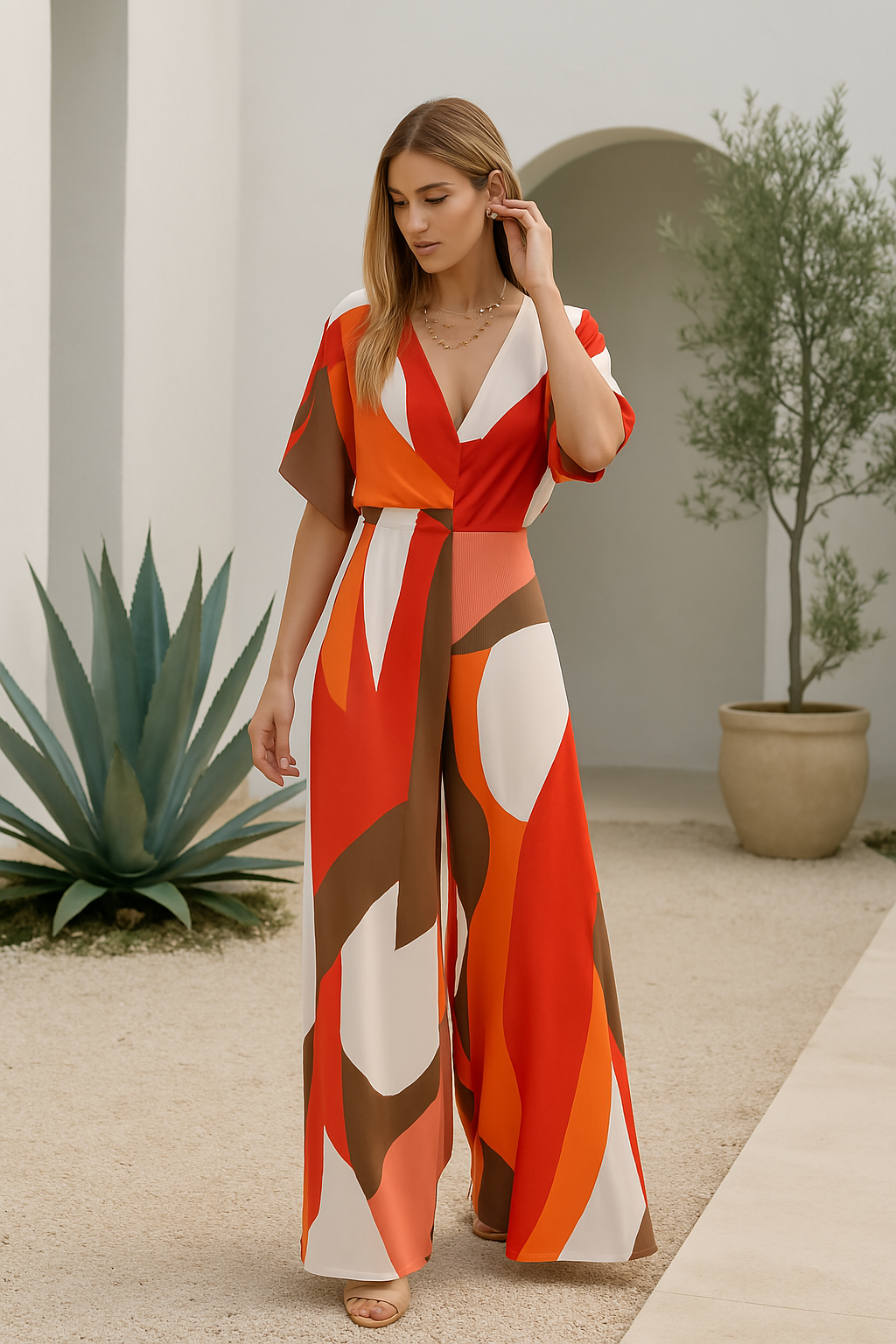 Damernes V-Hals Jumpsuit med Vingemuffe 3