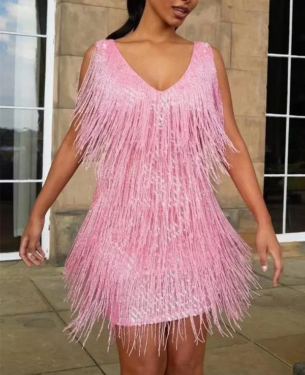 Festkjoler Damer Rosa V-Ausschnitt Elegant Polyester Slank Silhuet-2