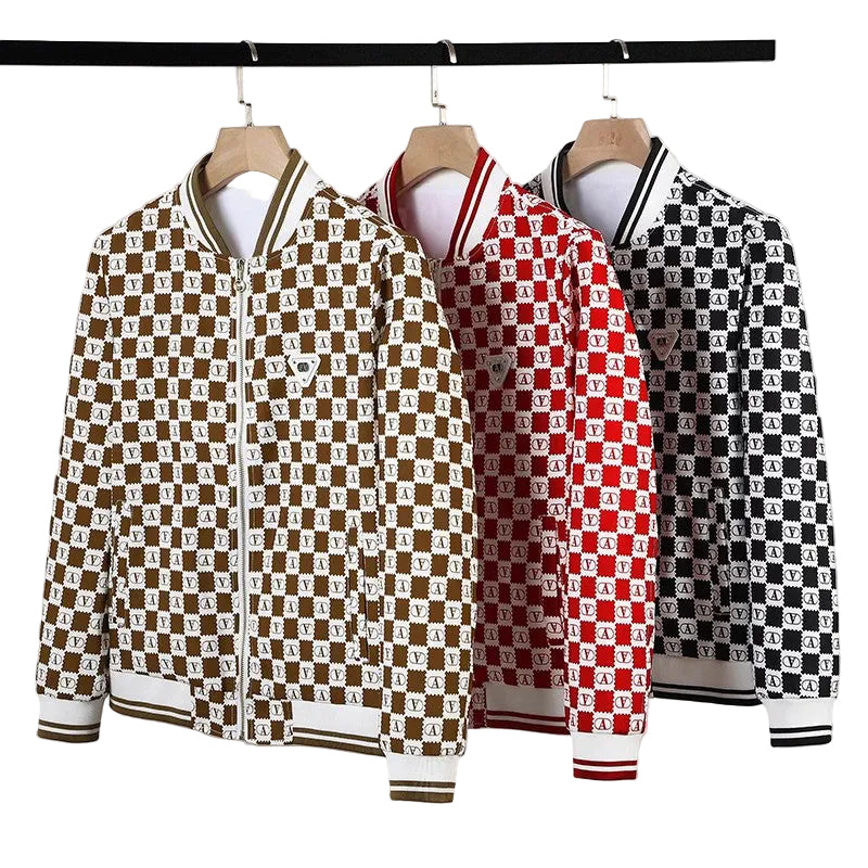 Herre Jakke Retro Checkerboard Design Varsity Style 0