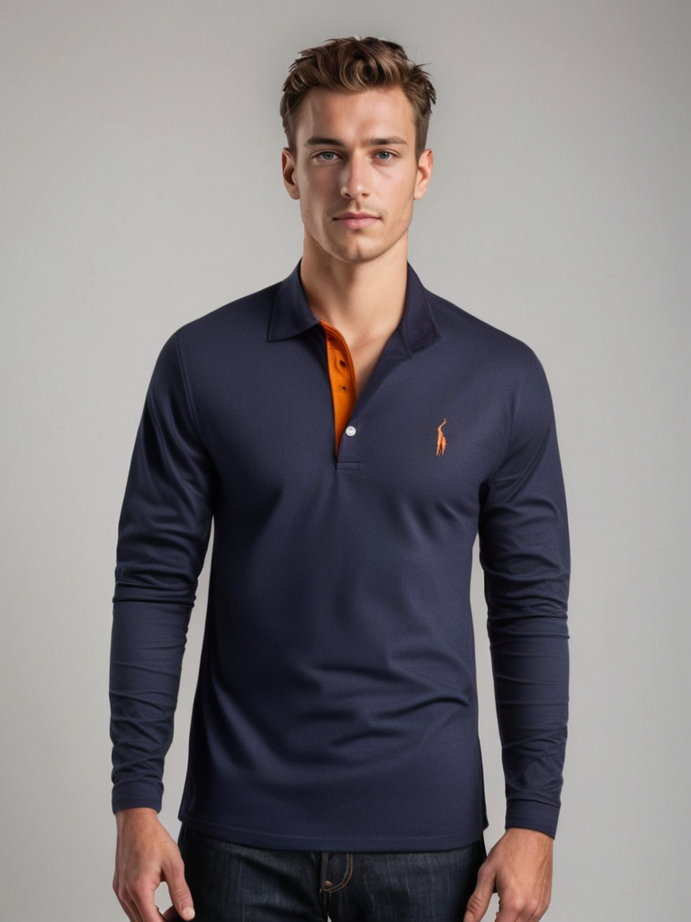 Herre Poloshirt Lange Mouwen Knapkrave 100% Bomuld Med Kontrasterende Detaljer 0