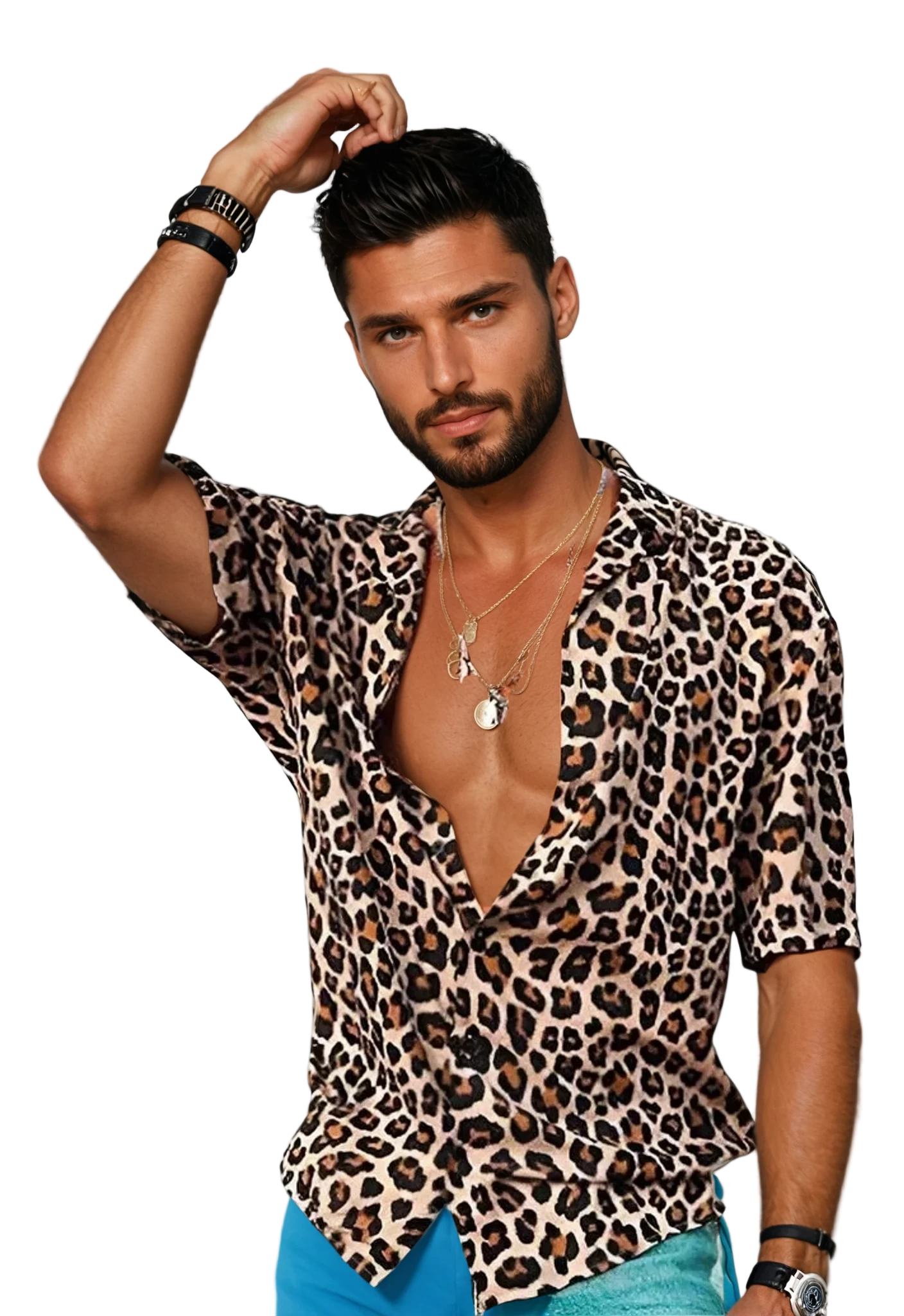 Herre Poloshirt med Luipaardprint Åben V-Hals Letvægtsmateriale 0