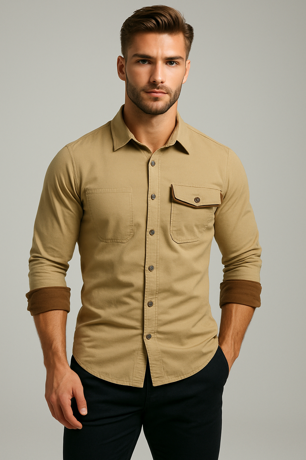 Herre Skjorte Button-Up Lange Ærmer 100% Bomuld med Kontrasterende Mansjetter 0