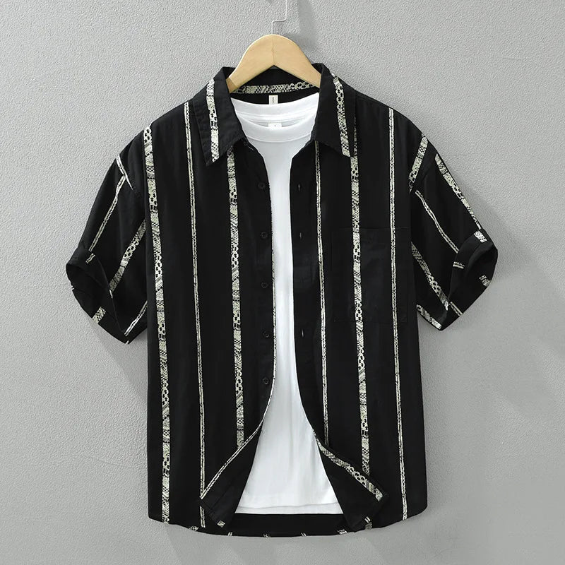 Herre Skjorte Kortærmet Stribet Casual med Turn-Down Krave 1