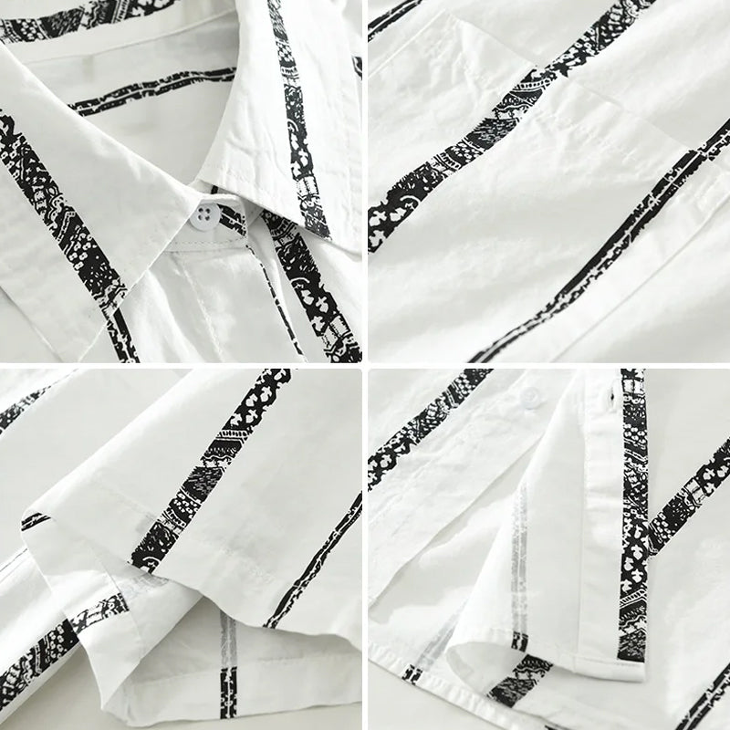 Herre Skjorte Kortærmet Stribet Casual med Turn-Down Krave 4