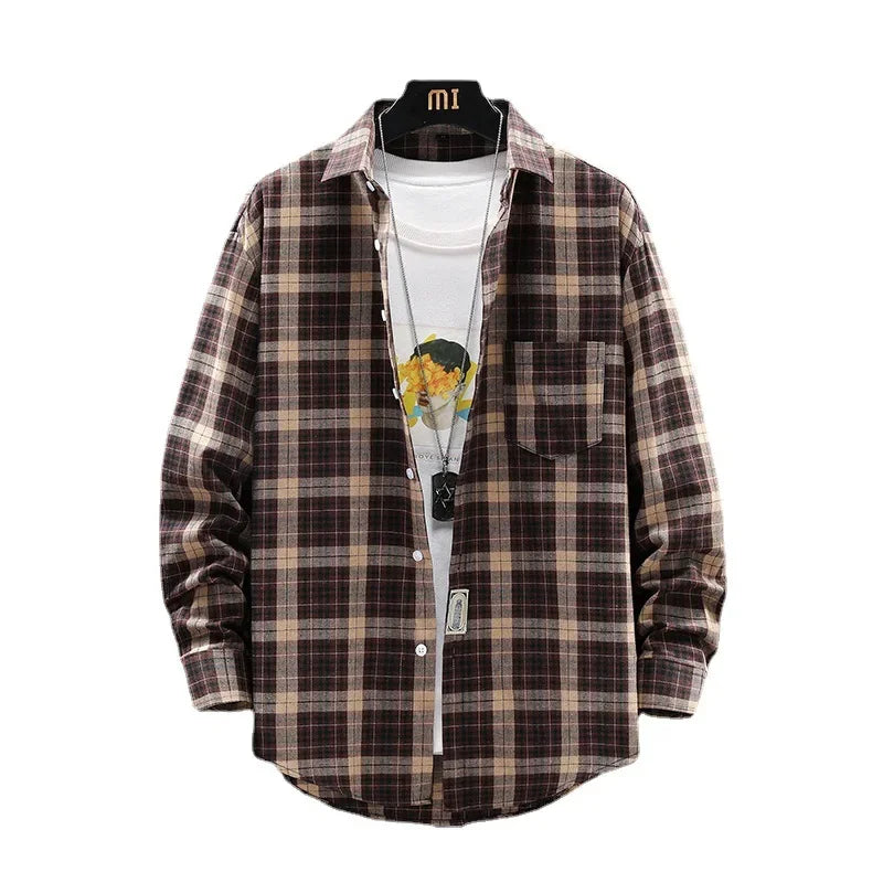 Herre Skjorte Løs Plaid Langærmet Britisk Stil 0