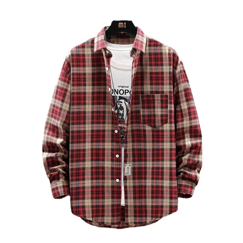 Herre Skjorte Løs Plaid Langærmet Britisk Stil 1