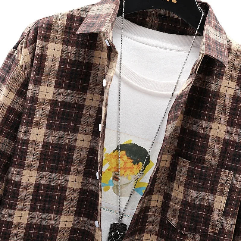 Herre Skjorte Løs Plaid Langærmet Britisk Stil 3
