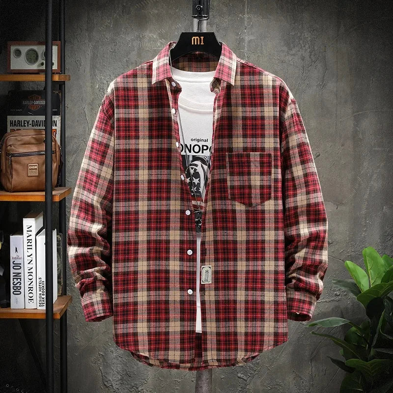 Herre Skjorte Løs Plaid Langærmet Britisk Stil 6