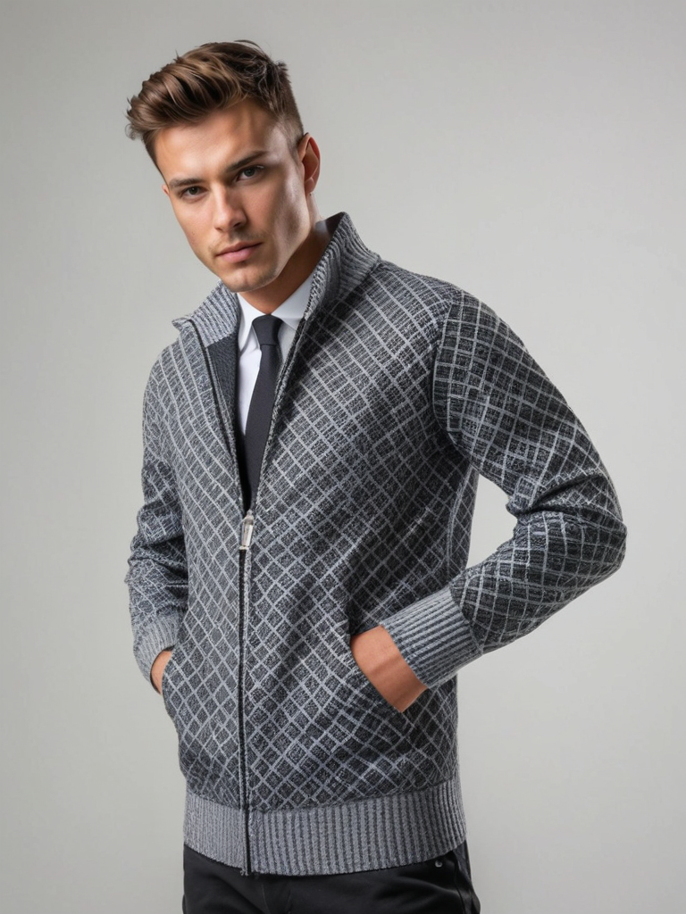 Herre Strik Vest Geometrisk Mønster med Rits Blød Blanding 0