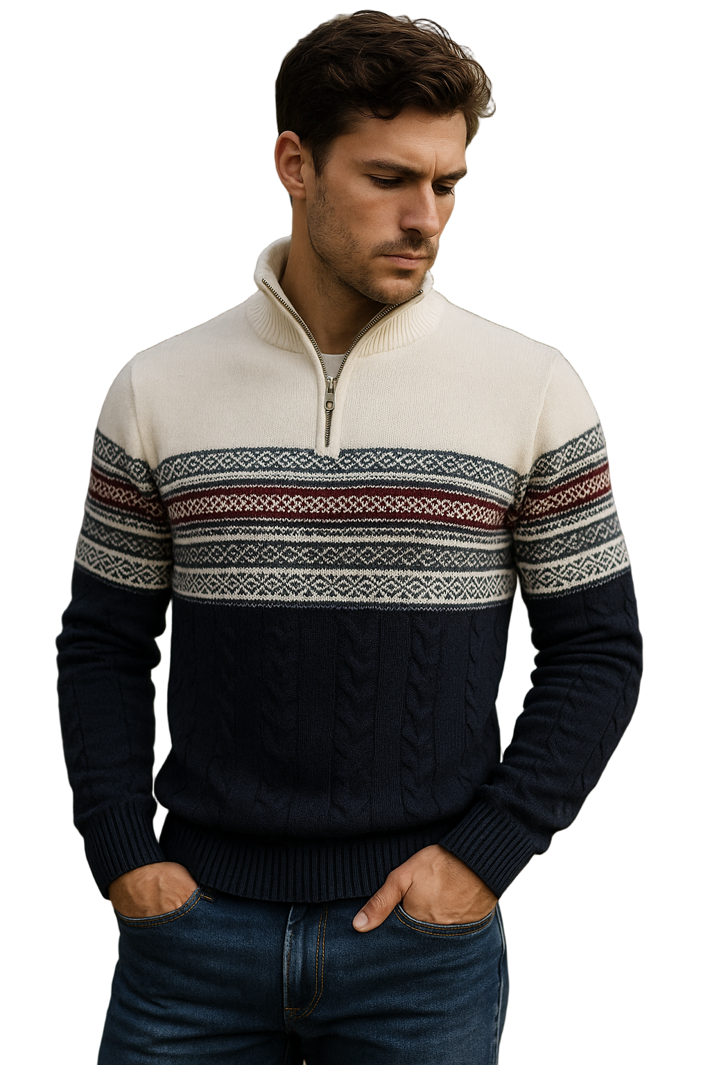 Herre Striktrøje Quart Zipper Noors Mønster Blød Stof 0