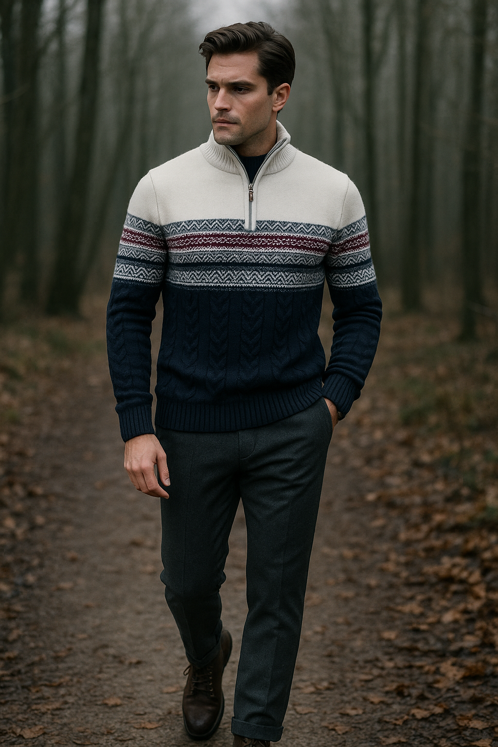 Herre Striktrøje Quart Zipper Noors Mønster Blød Stof 1