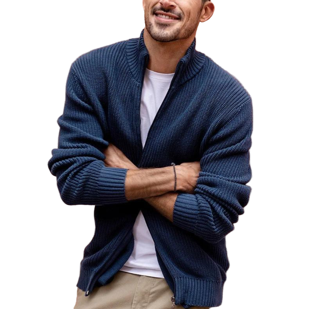 Herre Striktrøje med Ribbet Design og Zip Hals 0