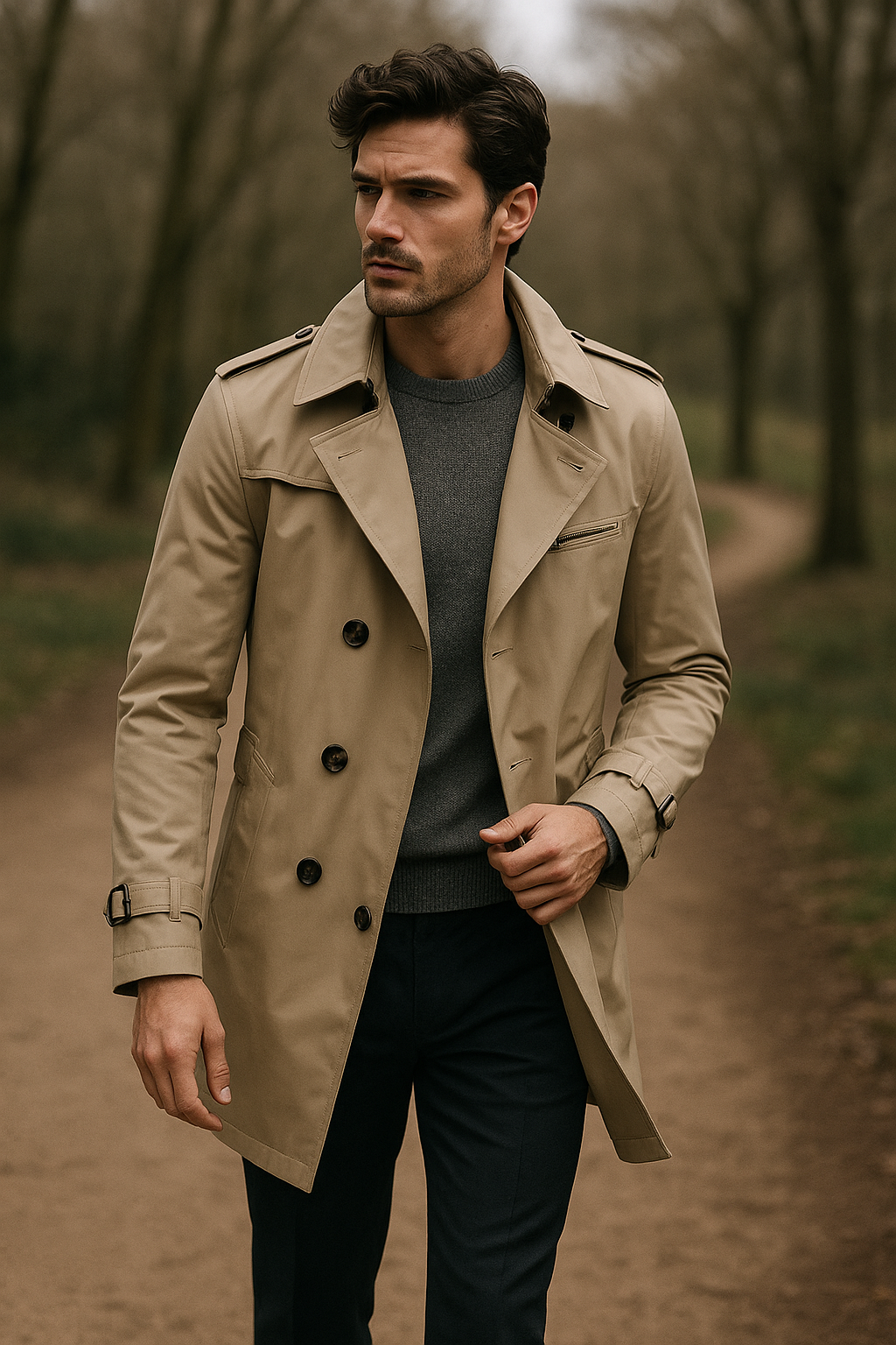 Herre Trenchcoat Struktureret Design Blødt Blandingsmateriale 0