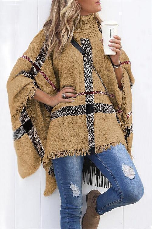 Kvindernes Farveblok Poncho Sweater med Høj Krave og Kvaster 5