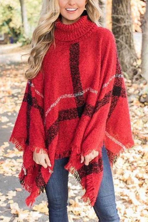 Kvindernes Farveblok Poncho Sweater med Høj Krave og Kvaster 7
