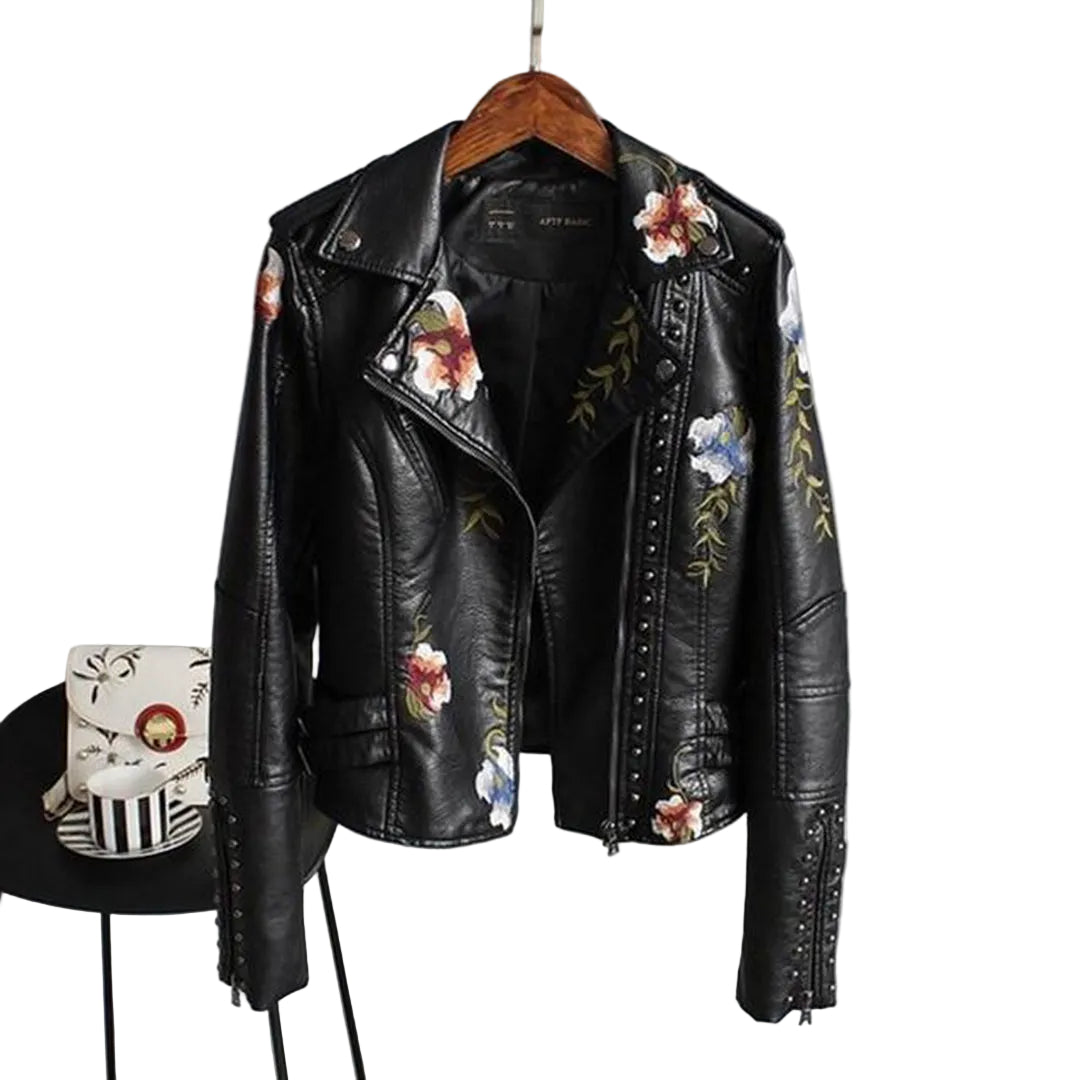 Kvinders Bikerjakke med Blomsterdesign 0