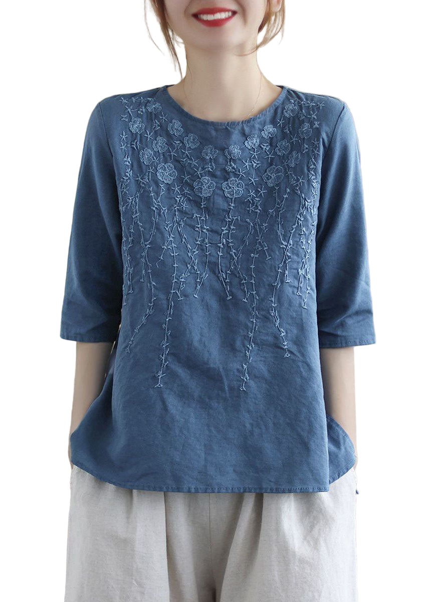 Kvinders Bluse O-Hals med Broderi og Halværmet Design 0