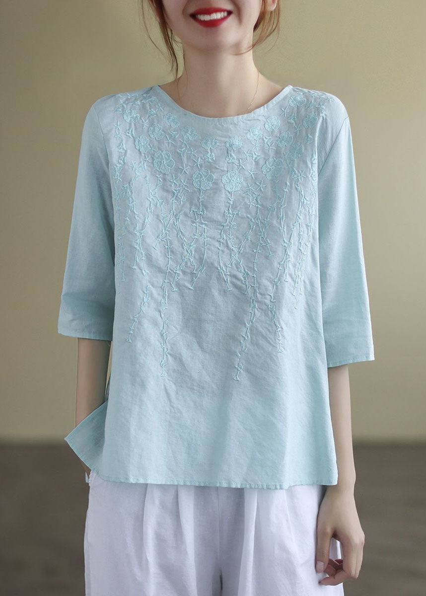 Kvinders Bluse O-Hals med Broderi og Halværmet Design 1