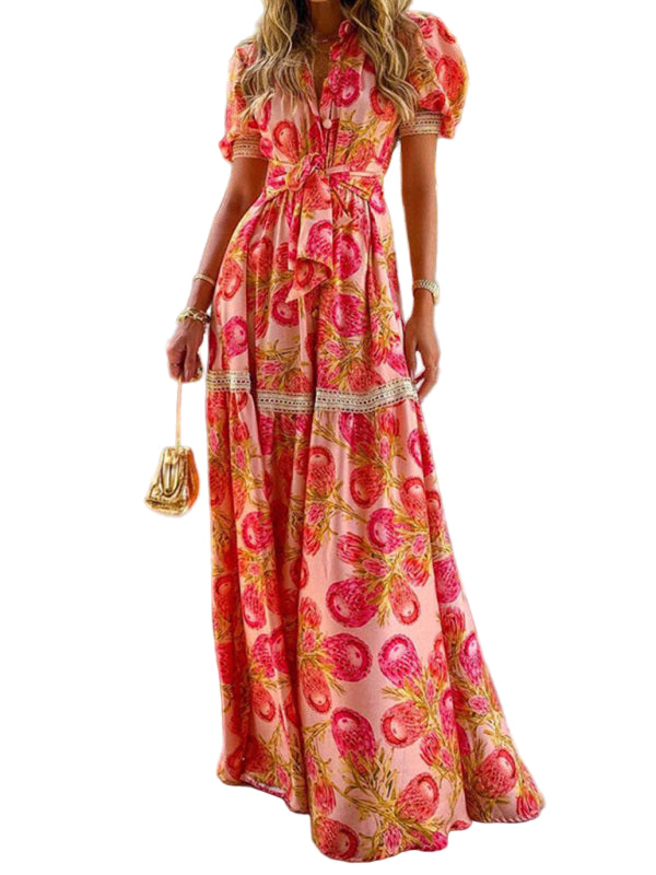 Kvinders Bohemian Floral Print Gulvlængde Kjole 0