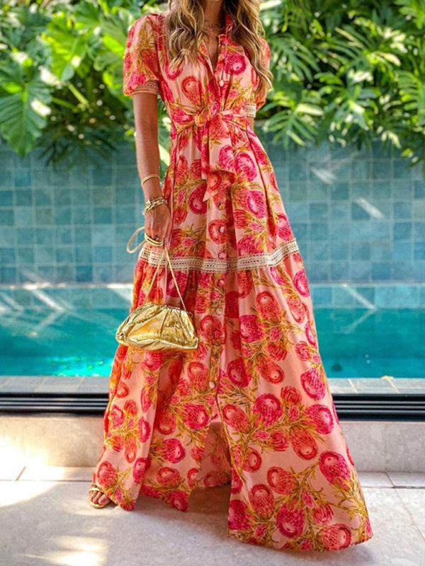 Kvinders Bohemian Floral Print Gulvlængde Kjole 2