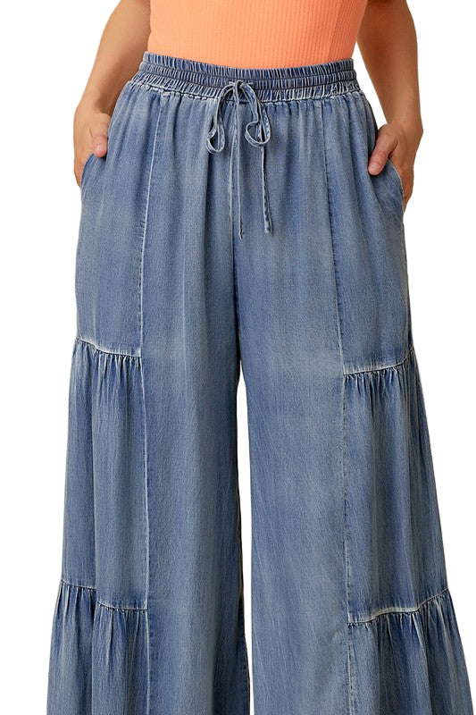 Kvinders Bred Bukser Med Rynker Vasket Denim 0