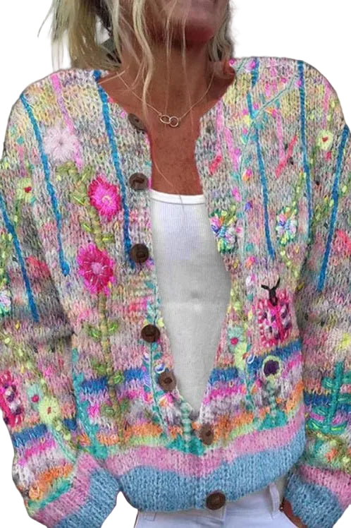 Kvinders Cardigan Farverigt Blomstermønster med Lange Ærmer 0