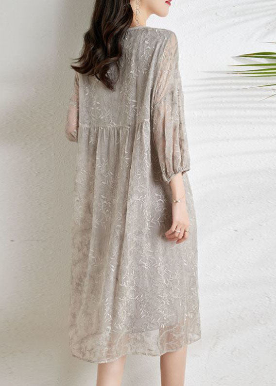 Kvinders Chiffon Kjole med Trekvart Ærmer og Broderi 4