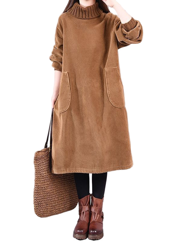 Kvinders Corduroy Kjole Turtleneck Lange Ærmer Patchwork Design 0