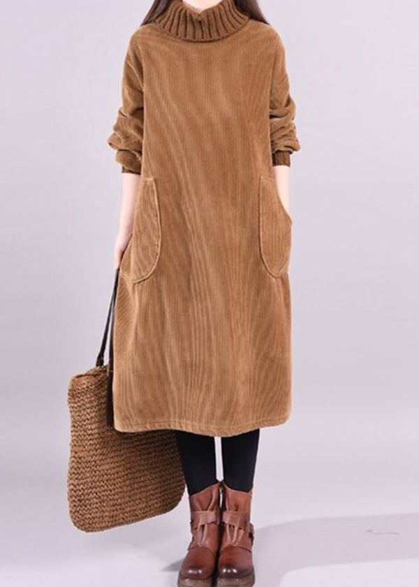 Kvinders Corduroy Kjole Turtleneck Lange Ærmer Patchwork Design 1