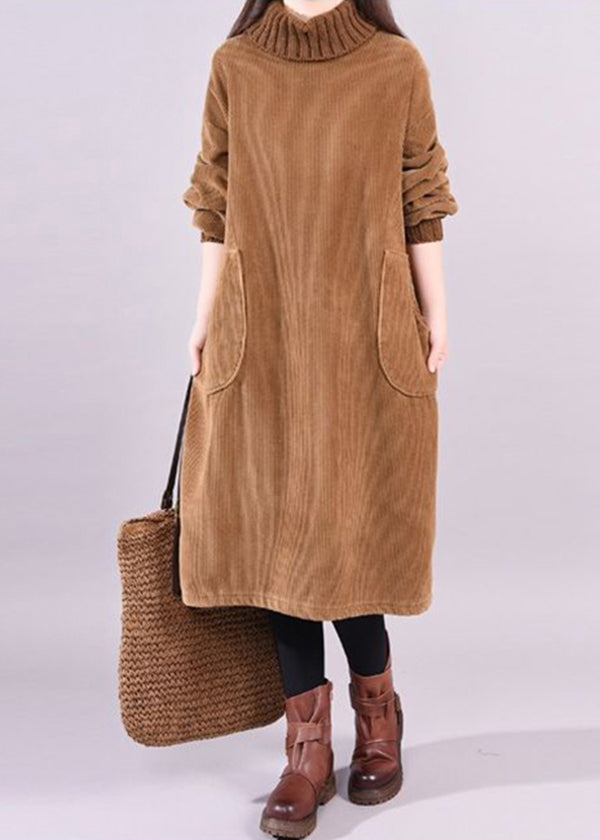 Kvinders Corduroy Kjole Turtleneck Lange Ærmer Patchwork Design 2