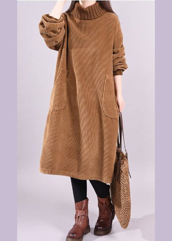 Kvinders Corduroy Kjole Turtleneck Lange Ærmer Patchwork Design 3