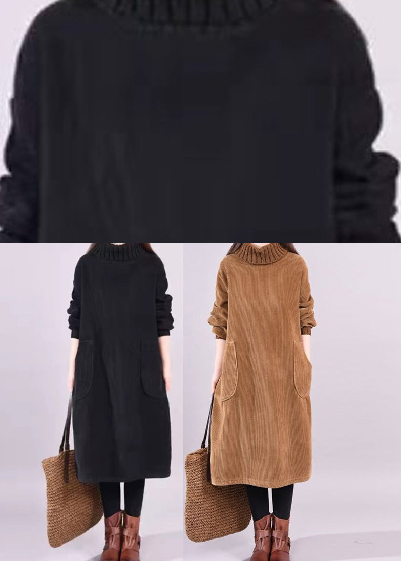 Kvinders Corduroy Kjole Turtleneck Lange Ærmer Patchwork Design 4