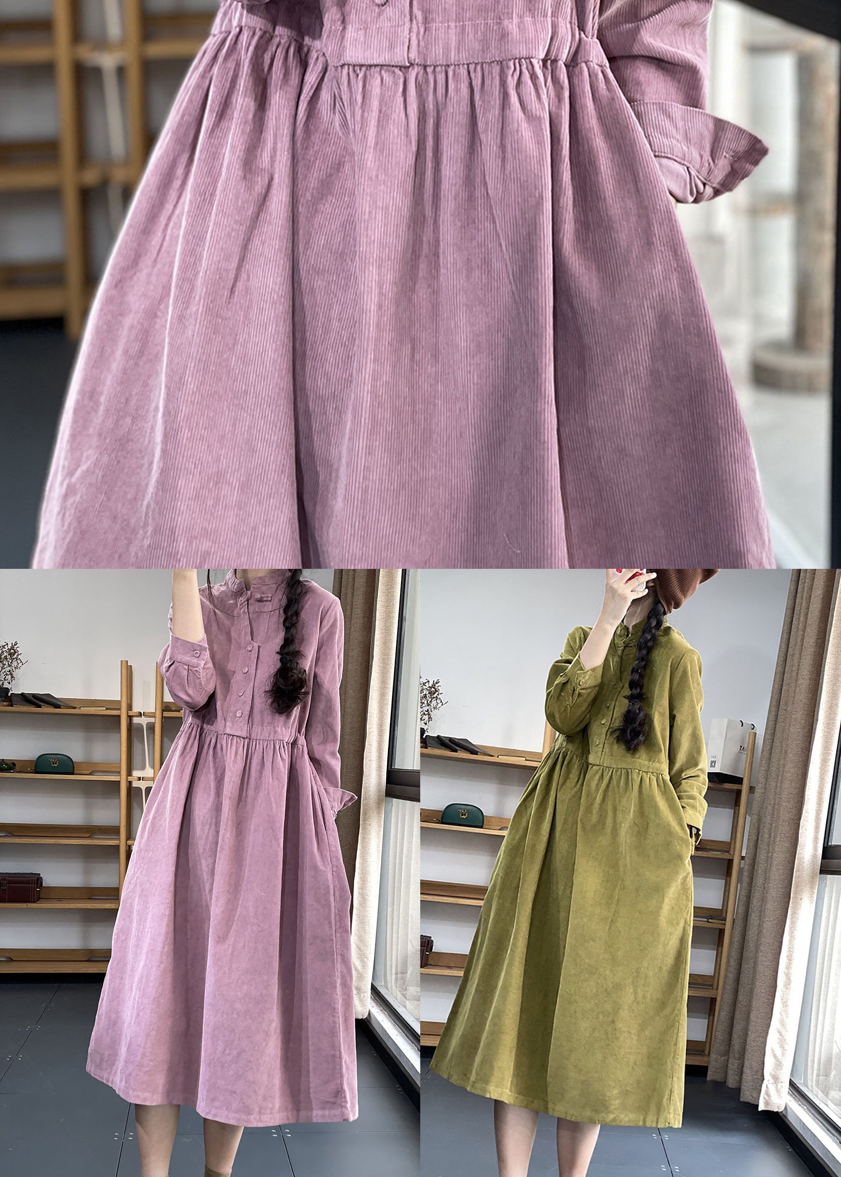 Kvinders Corduroy Kjole med Ståkrave og Patchwork 4