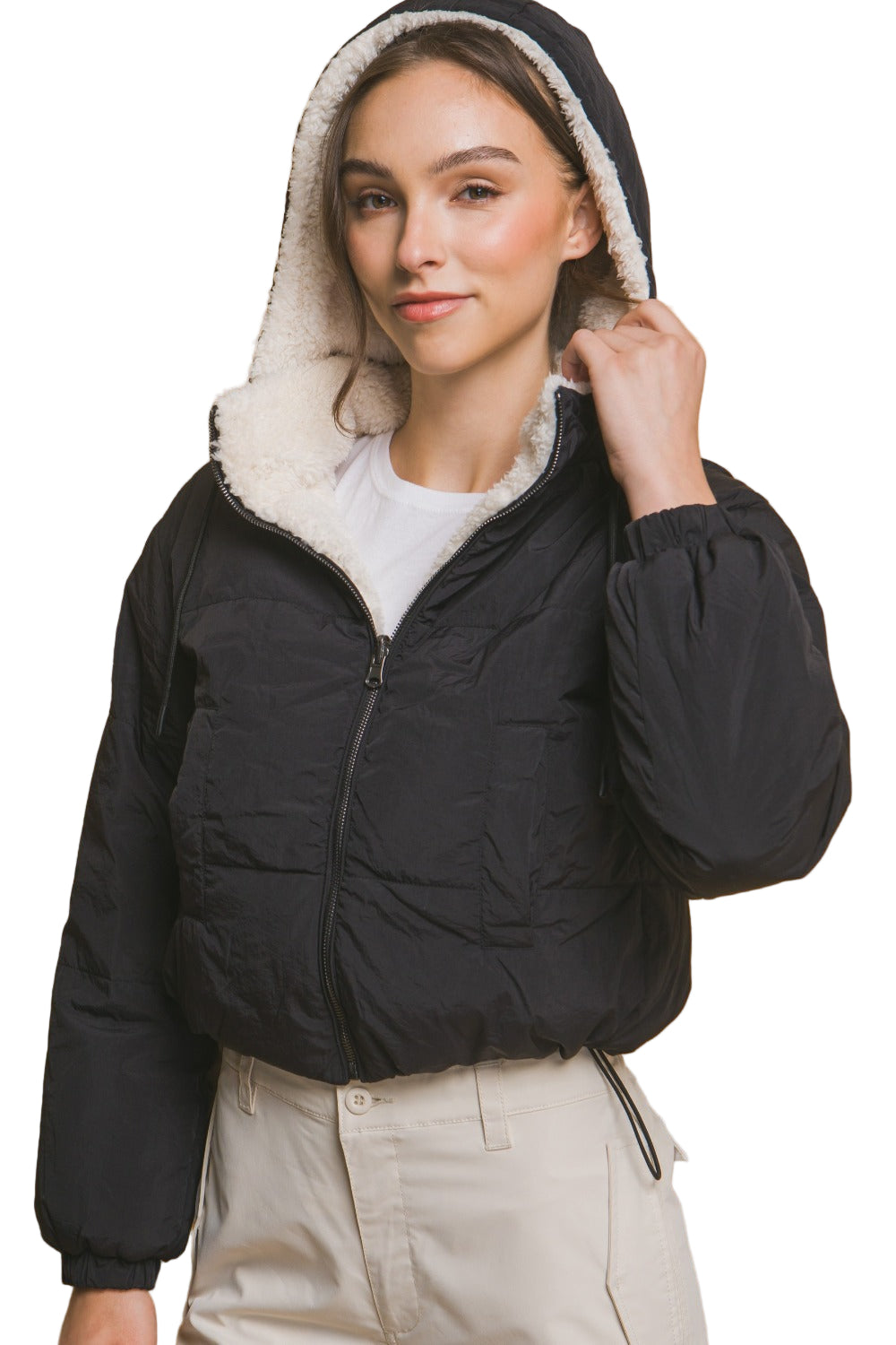 Kvinders Cropped Jakke Reversibel Sherpa Nylon med Hætte 0