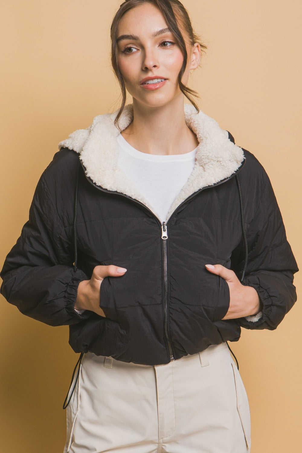 Kvinders Cropped Jakke Reversibel Sherpa Nylon med Hætte 2