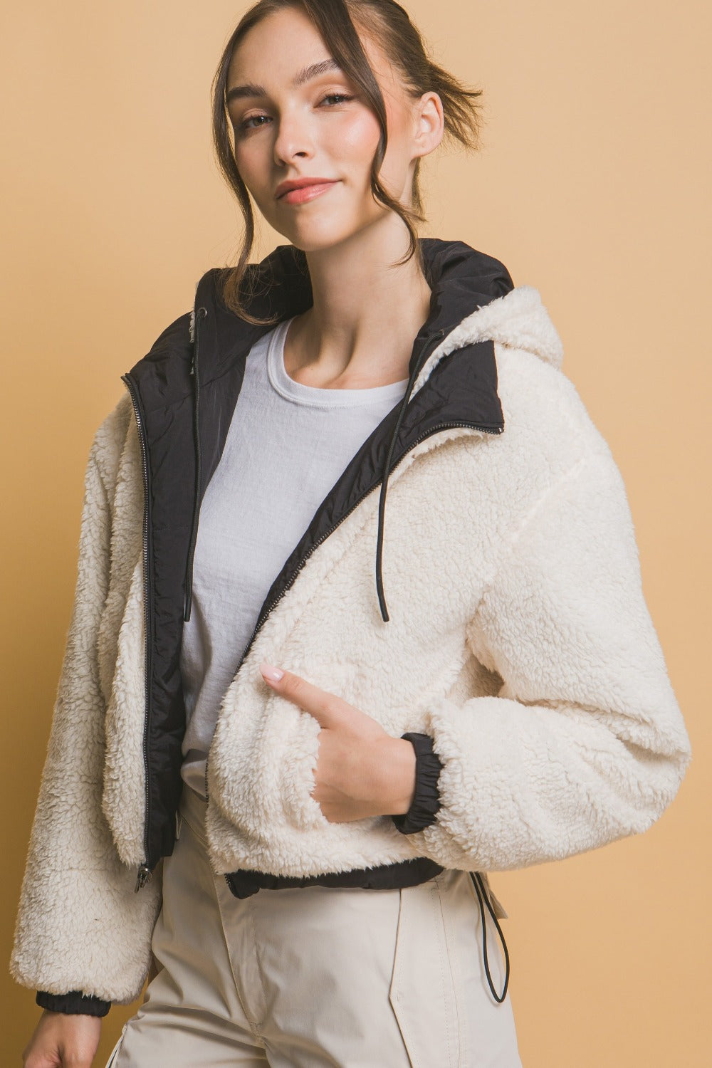 Kvinders Cropped Jakke Reversibel Sherpa Nylon med Hætte 3