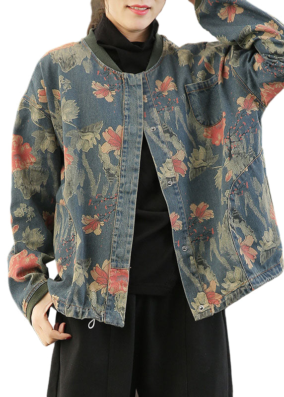 Kvinders Denim Frakke med Retro Print og Knapper 0