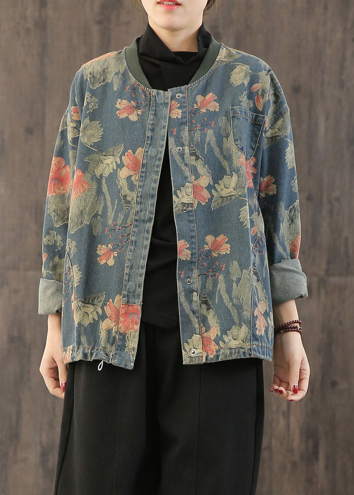 Kvinders Denim Frakke med Retro Print og Knapper 1