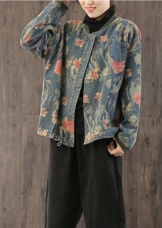 Kvinders Denim Frakke med Retro Print og Knapper 2