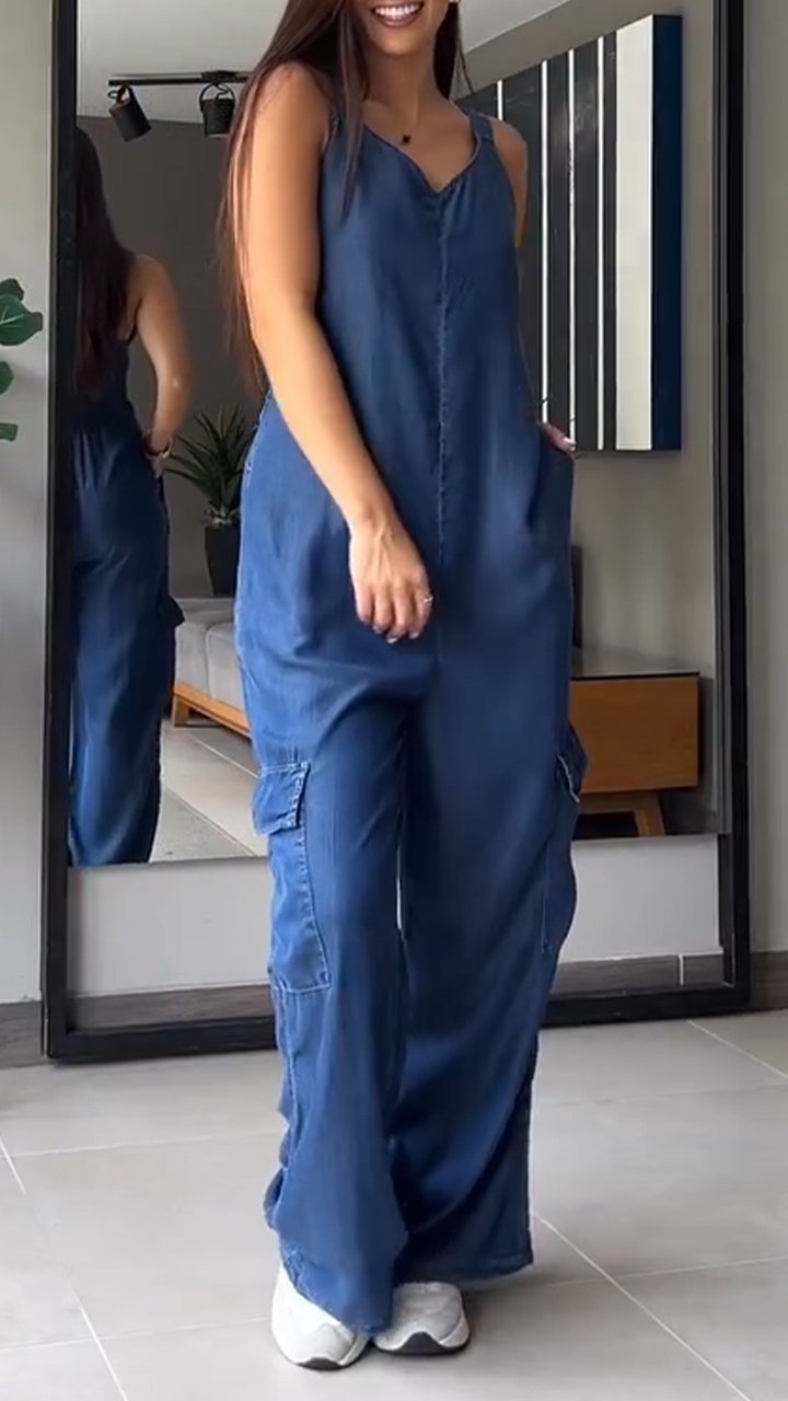 Kvinders Denim Jumpsuit V-Hals Komfortabel 3