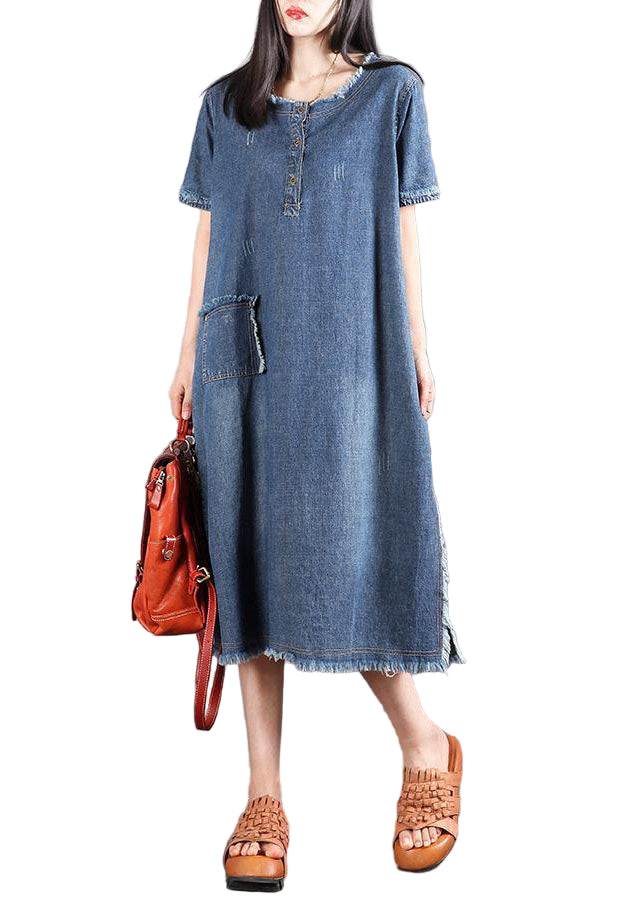 Kvinders Denim Kjole Knaplukning med Lommer 0