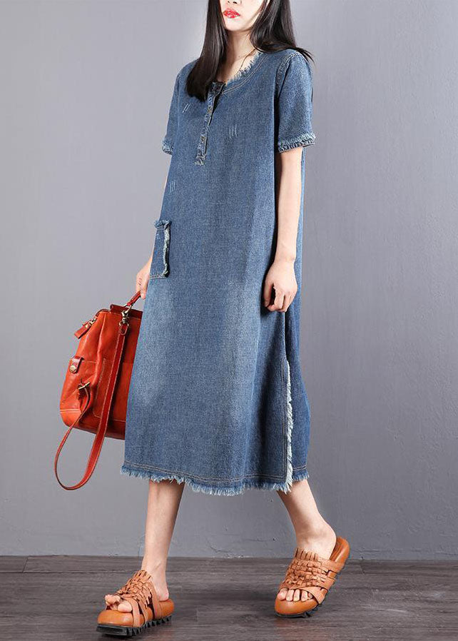 Kvinders Denim Kjole Knaplukning med Lommer 1