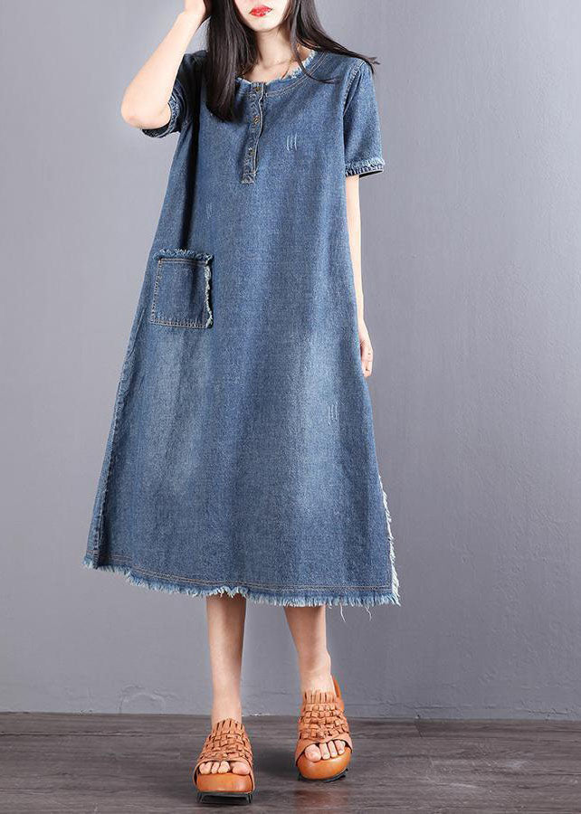 Kvinders Denim Kjole Knaplukning med Lommer 2