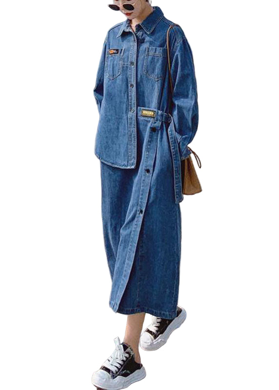 Kvinders Denim Kjole med Asymmetrisk Design og Lange Ærmer 0